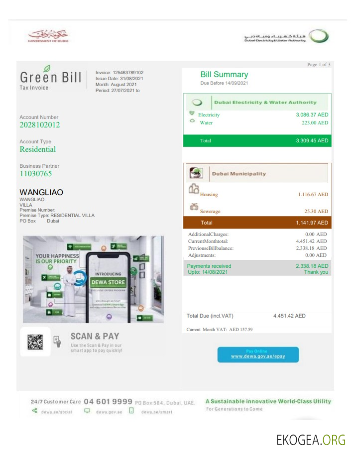 United Arab Emirates Dubai Green utility bill template in Word and PDF format, fully editable